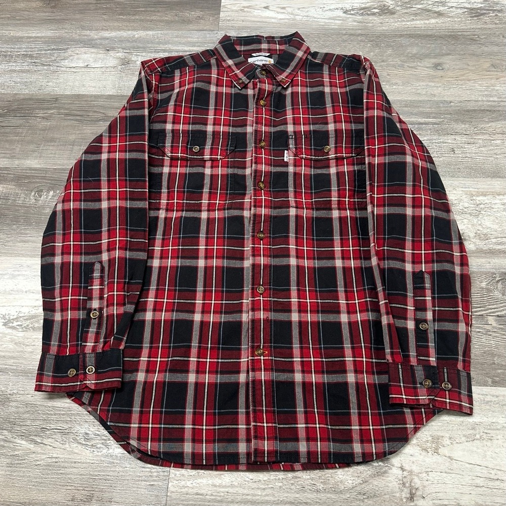 Carhartt Flannel Red Black Plaid Men M Relaxed Fit Button Down Workwear Shirt